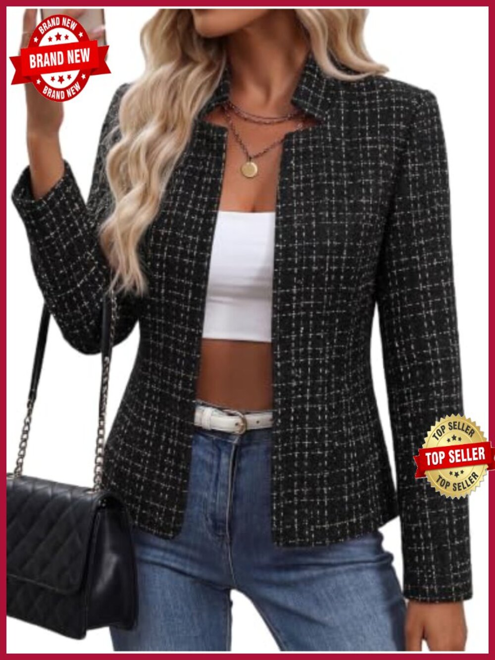 Womens Tweed Plaid Blazer Open Front Fitted Business Casual Jacket